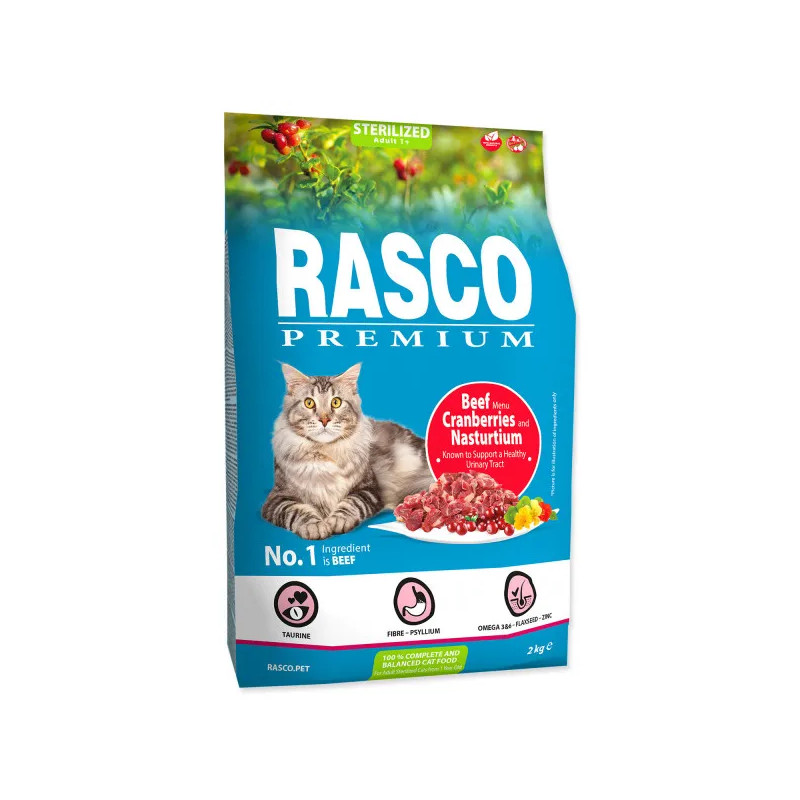 Rasco Premium Cat Kibbles Sterilized Hovězí Brusinky Lichořeřišnice 2 kg