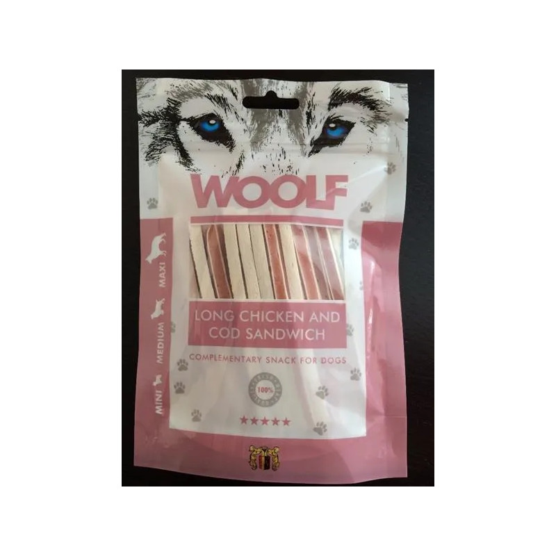 Pamlsek Woolf Dog Chicken & Codfish Soft Sandwich LONG 100 g