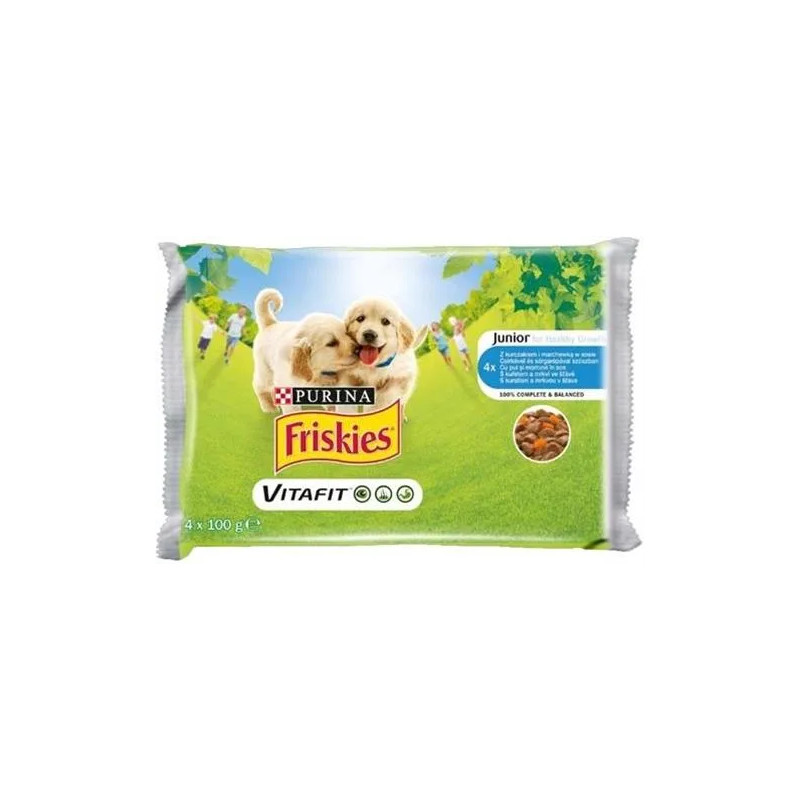 Nestlé Friskies dog Junior s kuřetem a mrkví v šťávě kapsička 4x100 g