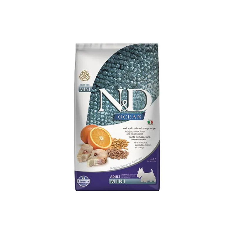Farmina N&D pes OCEAN adult mini Codfish, spelt, oats & orange 2,5 kg