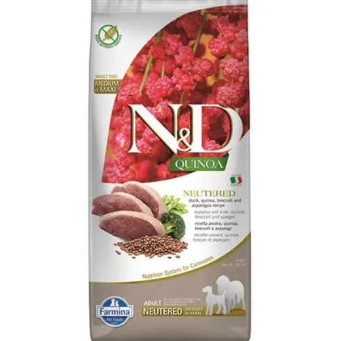Farmina N&D dog QUINOA (GF) adult medium & maxi, kastrovaný, kachna, brokolice & chřest 12 kg