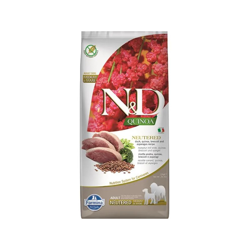 Farmina N&D dog QUINOA (GF) adult medium & maxi, kastrovaný, kachna, brokolice & chřest 12 kg