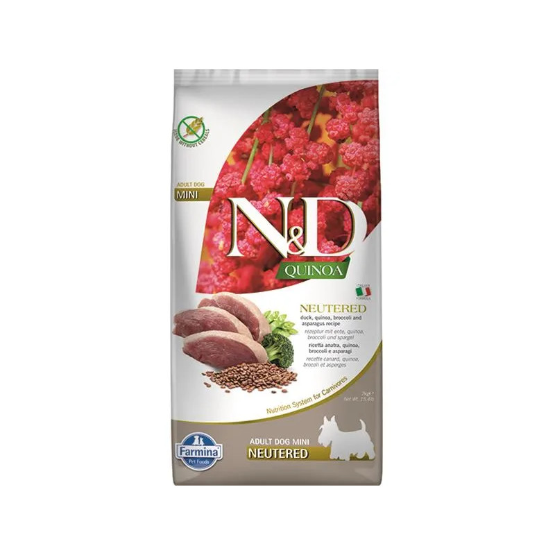 Farmina N&D dog QUINOA (GF) adult mini, kastrovaný, kachna, brokolice a chřest 7 kg
