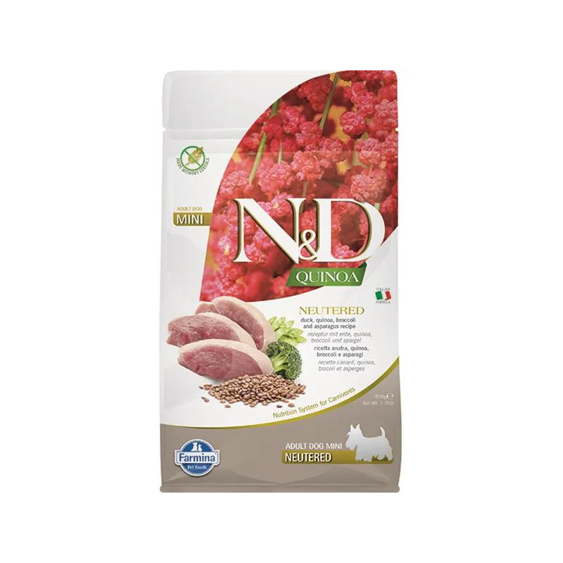Farmina N&D dog QUINOA (GF) adult mini, kastrovaný, kachna, brokolice & chřest 0,8 kg