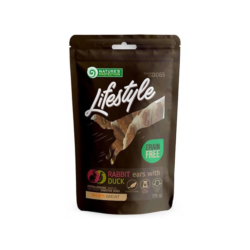 Pamlsek Natures P Lifestyle dog sušené králičí uši s kachnou 12x75 g