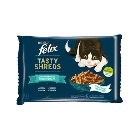 Nestlé FELIX Tasty shreds cat Multipack losos a tuňák ve šťávě kapsička 4x80 g