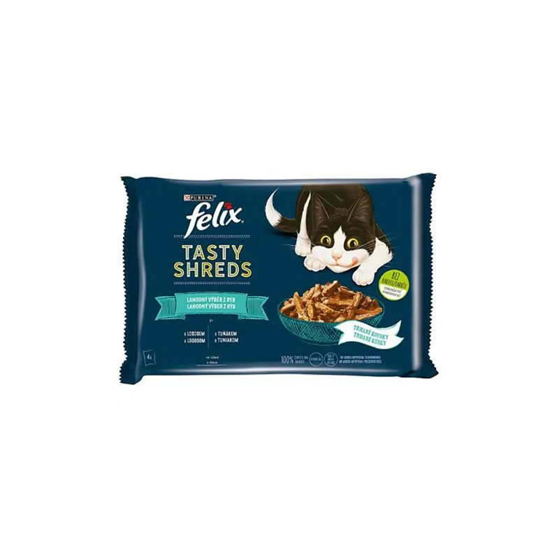 Nestlé FELIX Tasty shreds cat Multipack losos a tuňák ve šťávě kapsička 4x80 g