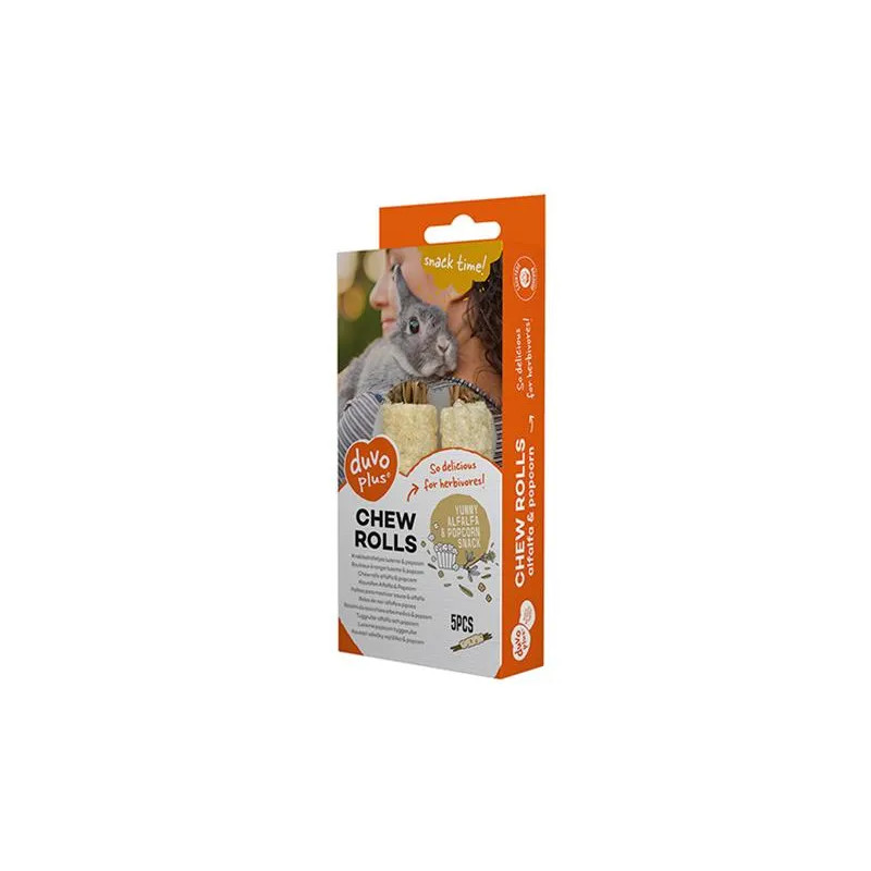 Pamlsek DUVO+ žvýkací rolky vojtěška a popcorn pro hlodavce 20g - 5 ks - 8x2x2cm