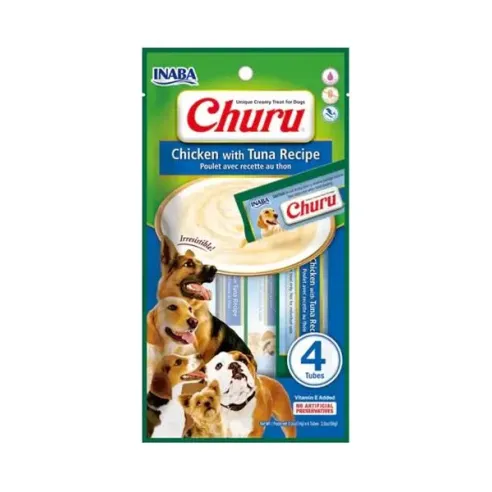 Pamlsek Inaba Churu Pyré dog Kuře s tuňákem 12 x 4 tuby 672 g