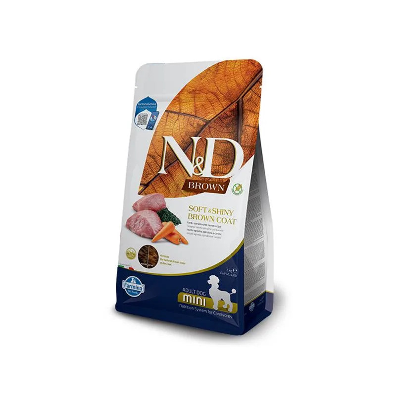 Farmina N&D dog BROWN (GF) adult mini, spirulina & mrkev, jehněčí 2 kg