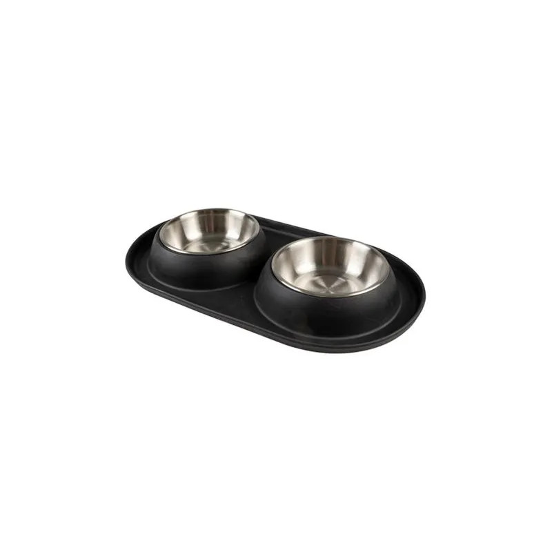 Miska DUVO+ Podložka se dvěma miskami nerezová gumová černá s průměrem 11,3 cm 2 x 220 ml