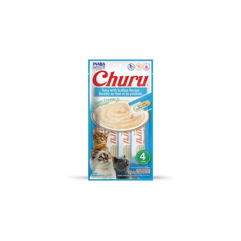 Pamlsek Inaba Churu Pyré cat Tuňák s hřebenatkou 4 tuby 56 g
