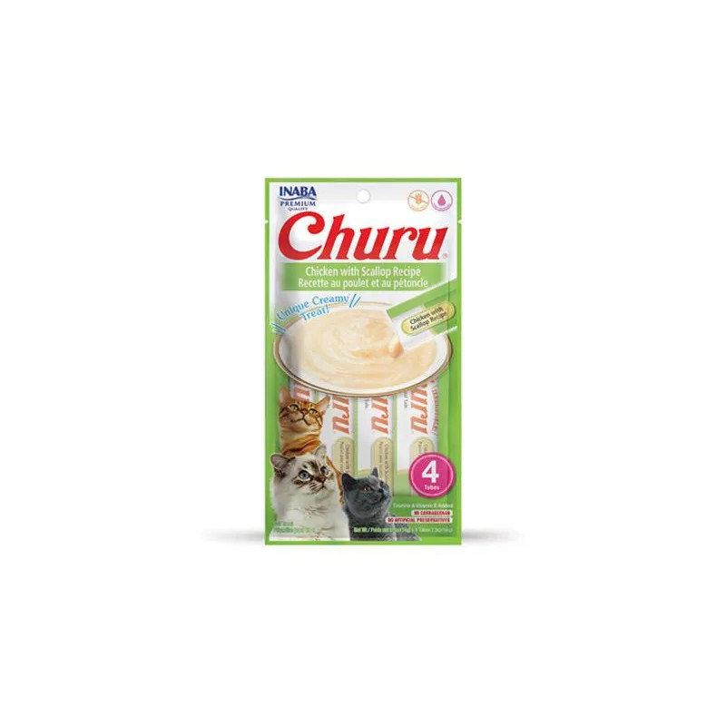 Pamlsek Inaba Churu Pyré cat Kuře s hřebenatkou 4 tuby 56 g