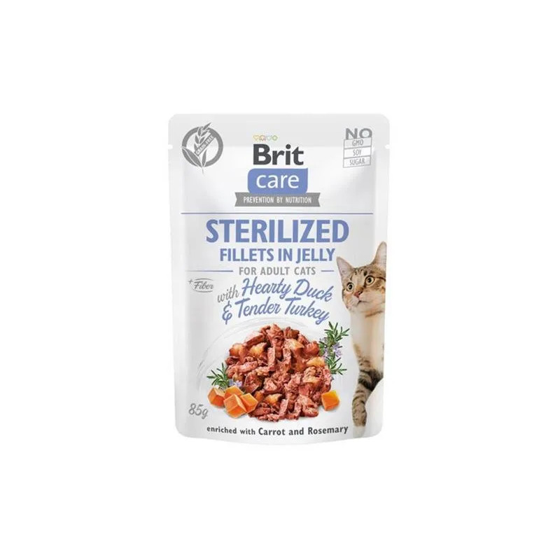 Brit Care kočičí kapsička Sterilized Fillets in Jelly s vydatnou kachnou a jemným krůtím masem 24 x 85 g