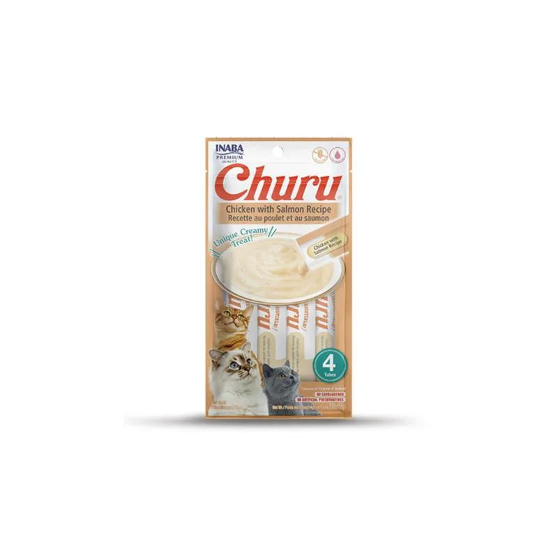 Pamlsek Inaba Churu Pyré cat Kuřecí s lososem 4 tuby 56 g