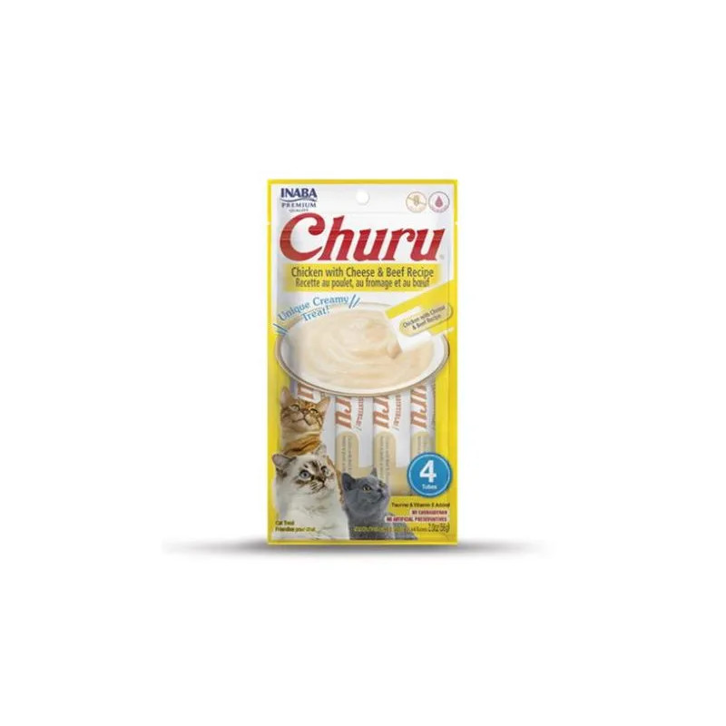 Pamlsek Inaba Churu Pyré cat Kuře se sýrem a hovězím masem 4 tuby 56 g