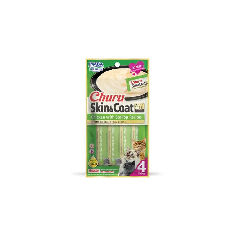 Pamlsek Inaba Churu Skin & Coat cat Kuře s hřebenatkou 4 tuby 56 g