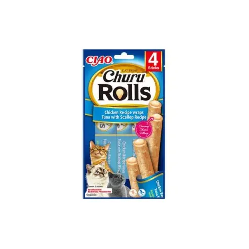 Pamlsek Inaba Churu Rolls cat Kuře & Tuňák s hřebenatkou 4 trubičky 40 g