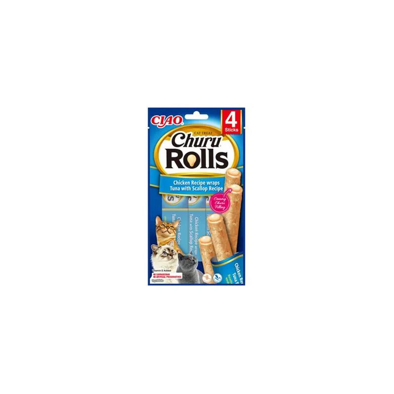 Pamlsek Inaba Churu Rolls cat Kuře & Tuňák s hřebenatkou 4 trubičky 40 g