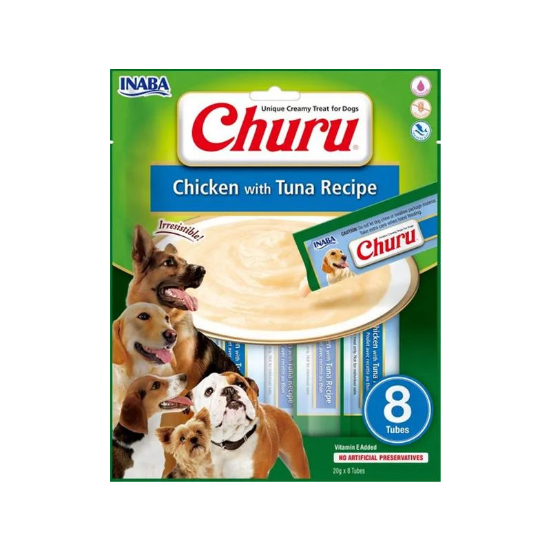Pamlsek Inaba Churu Pyré dog Kuře s tuňákem 8 tub 160 g