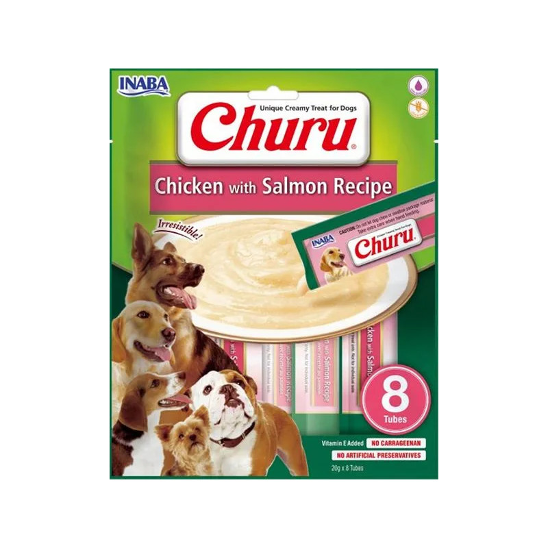 Pamlsek Inaba Churu Pyré dog Kuře s lososem 8 tub 160 g