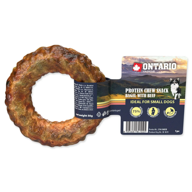 Pochoutka Ontario Protein hovězí, žvýkací bagel 8,9 cm, Small