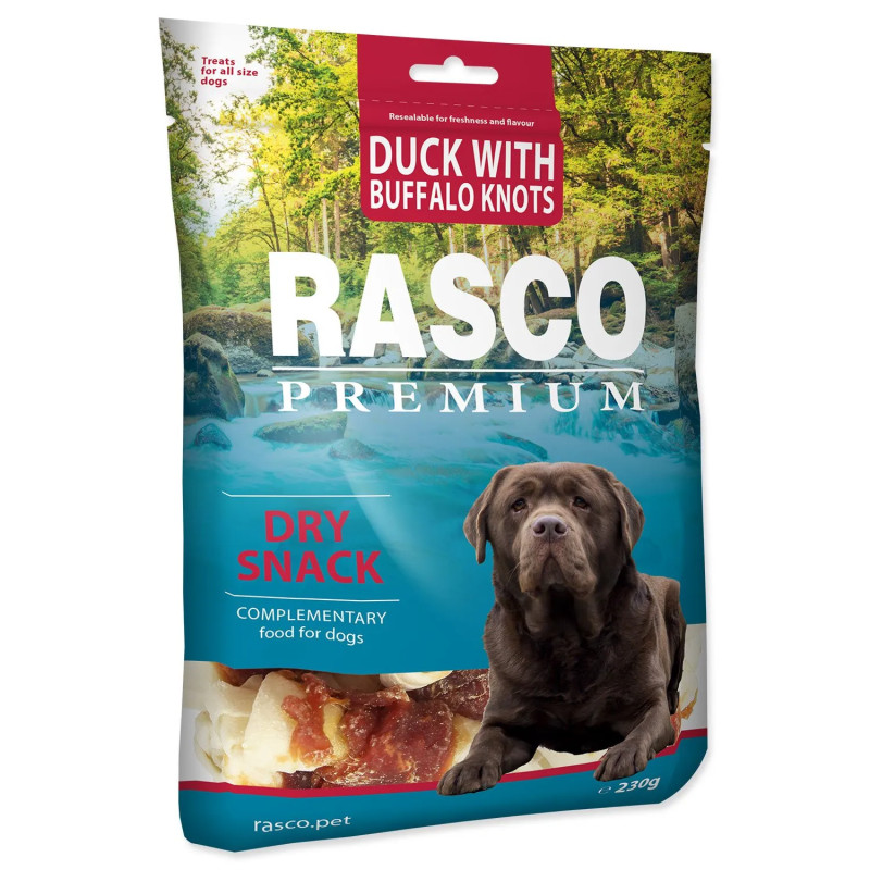 Pochoutka Rasco Premium buvolí kůže s kachním masem, uzly 5cm 230g