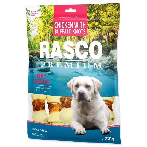 Pochoutka Rasco Premium buvolí kůže obalená kuřecím masem, uzly 6cm 230g