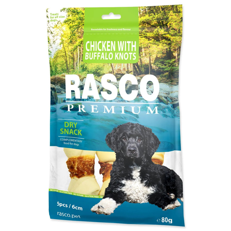 Pochoutka Rasco Premium buvolí kůže obalená kuřecím masem, uzly 6cm 80g