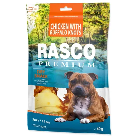 Pochoutka Rasco Premium buvolí kůže obalená kuřecím masem, uzly 11 cm 80 g