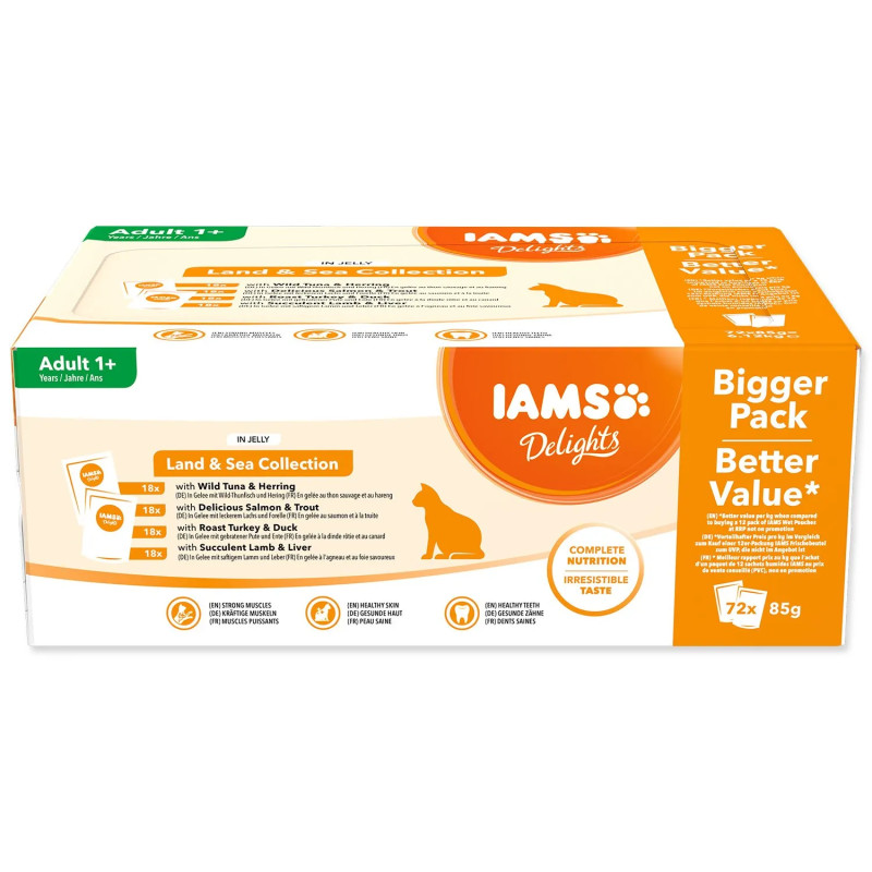 Kapsičky IAMS Delights mořské a suchozemské maso v želé multipack (72x85g)