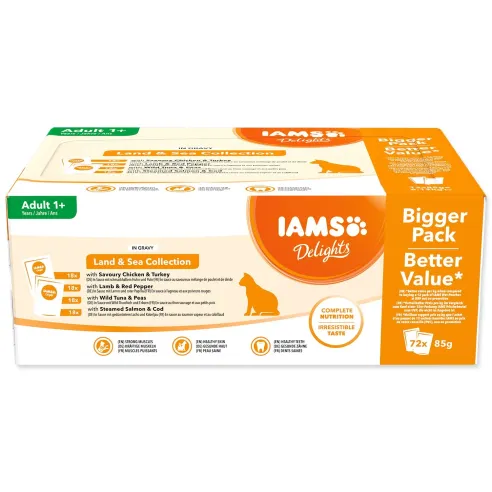 IAMS Delights kapsička s mořským a suchozemským masem v omáčce multipack 72x85g