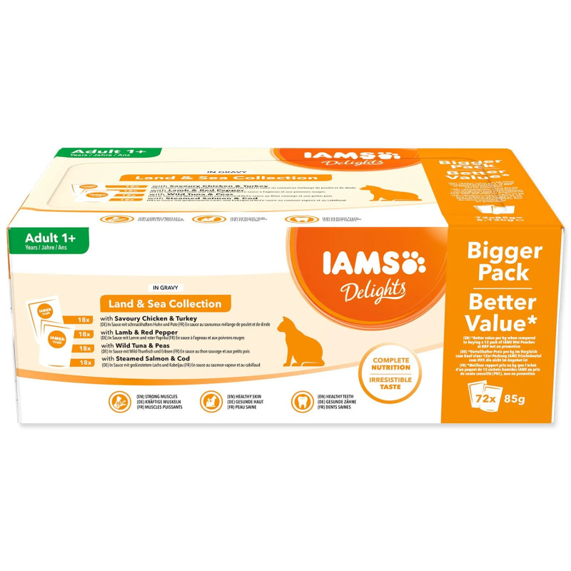 IAMS Delights kapsička s mořským a suchozemským masem v omáčce multipack 72x85g