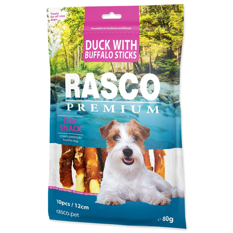 Pochoutka Rasco Premium buvolí kůže obalená kachním masem, tyčinky 80g