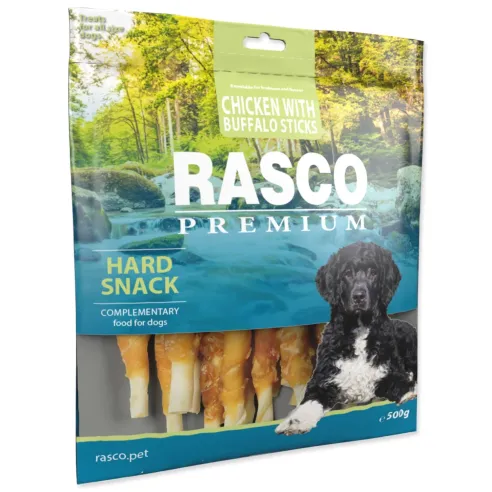 Pochoutka Rasco Premium buvolí kůže obalená kuřecím masem, tyčinky 500g