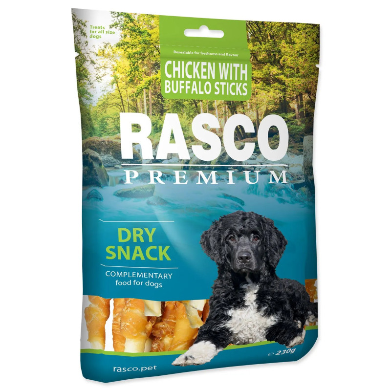 Pochoutka Rasco Premium buvolí kůže obalená kuřecím masem, tyčinky 230g