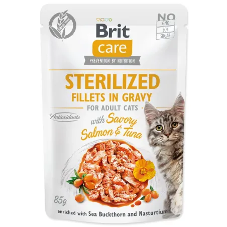 Kapsička Brit Care Cat Sterilized losos a tuňák, filety v omáčce 85g