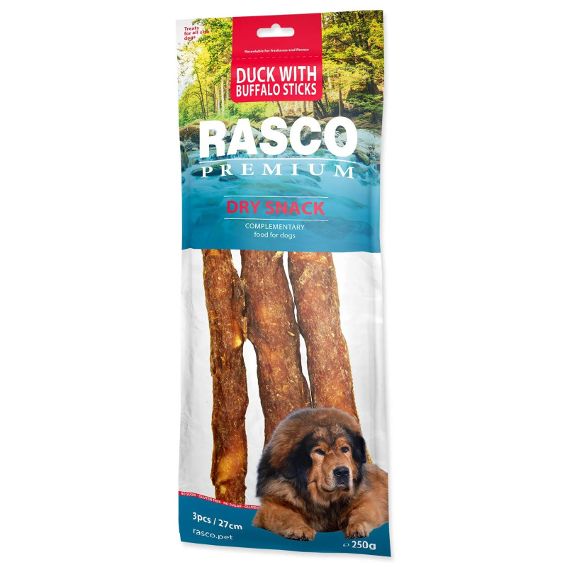 Pochoutka Rasco Premium buvolí kůže obalená kachním masem, tyčinky 3kusy 250g