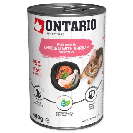 Konzerva Ontario Kitten kuře s krevetami, paštika 400g