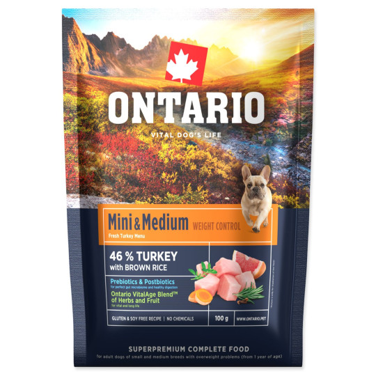 Ontario Mini & Medium Weight Control Turkey & Brown Rice 0,1 kg